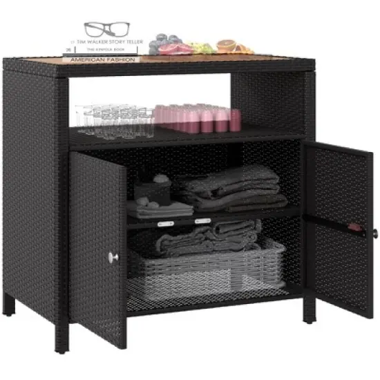 Outsunny Rattan Outdoor Storage Cabinet, Wicker Bar Table with Acacia Wood Countertop, Two Doors, Shelf, for Garden, Patio, Backyard image {7}