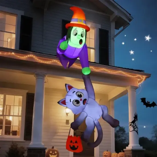 Joyfy 8.2 FT Tall Halloween Outdoor Inflatable Decoration, Witch and Black Cat Hanging Inflatable with LEDs for Indoor Outdoor Yard Roof Decoration image {9}