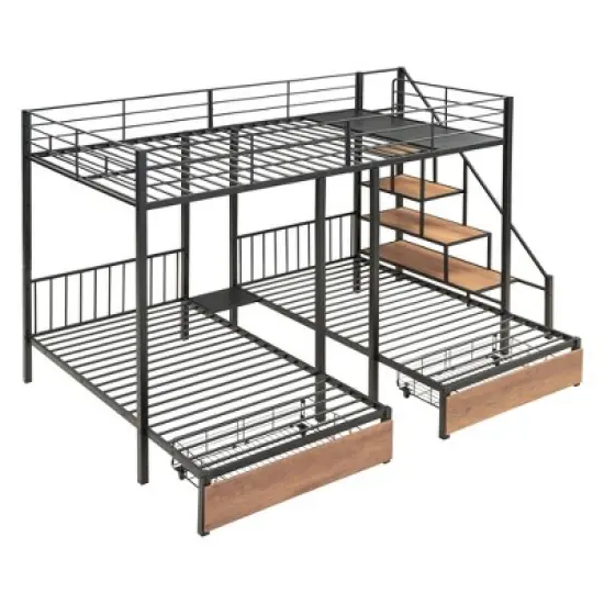 Full over Twin-Twin Triple Bunk Bed with Drawers and Staircase - ModernLuxe image {4}