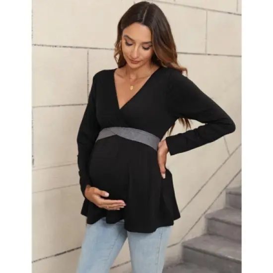YesFashion Women&rsquo;s Maternity Shirts Long Sleeve Nursing Tops V Neck Patchwork Breastfeeding Shirts Pregnancy Clothes image {5}