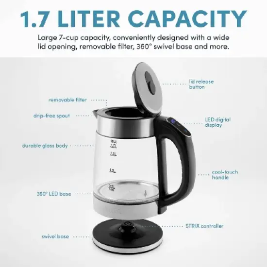 Aroma 1.7L Digital Programmable Kettle with Illumination: Borosilicate Glass, Automatic Shut-Off, Water Level Viewer image {8}