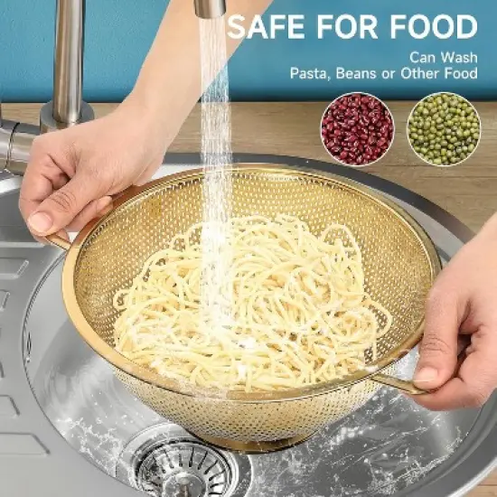 Gold Strainer for Kitchen, 3QT, Stainless Steel Colander with Handle for Fruits Vegetables Cooking Food, Dishwasher Safe image {1}