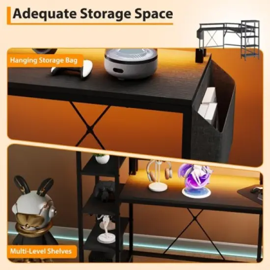 61 Inch L Shaped Home Office Gaming Desk with Outlets - Built-in LED Lights & 5-Shelf System image {6}