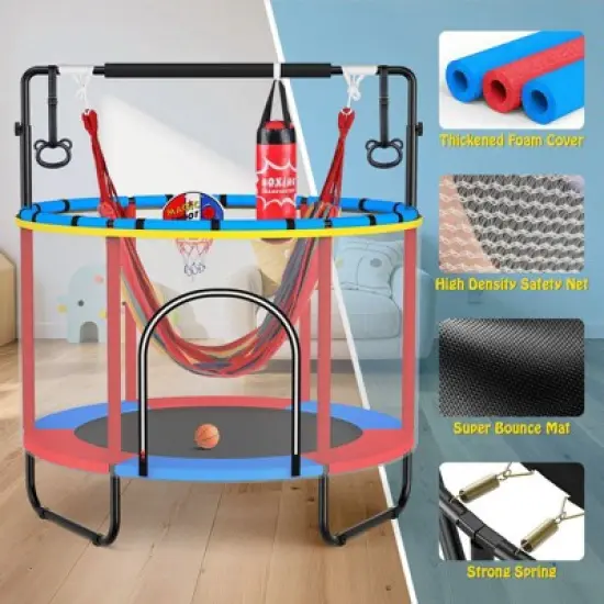 60'' Trampoline for Kids with Basketball Hoop & Safety Net, Swing, Rings, Gymnastic Bar, Indoor/Outdoor Toddler Trampoline, Birthday Gifts image {3}