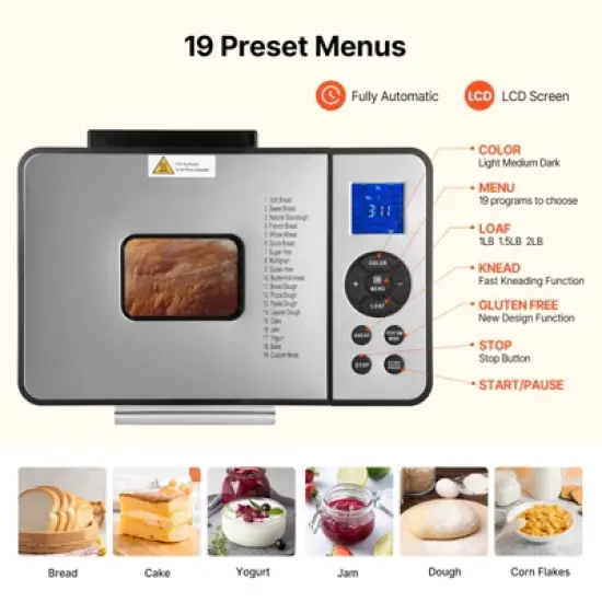 VEVOR Bread Maker, 19-in-1 2LB Dough Machine, Nonstick Ceramic Pan Automatic Breadmaker, 3 Loaf Sizes, 3 Crust Colors, Silver image {2}