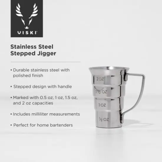 Viski Stepped Jigger With Handle, 4 Measurement Markings, Measuring Cup for Cocktail Recipes, 0.5 oz, 1 oz, 1.5 oz, & 2 oz, Stainless Steel, Silver image {1}