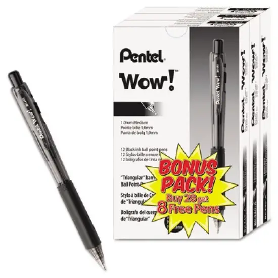 Pentel WOW! Ballpoint Pen Value Pack, Retractable, Medium 1 mm, Black Ink, Smoke/Black Barrel, 36/Pack image {2}
