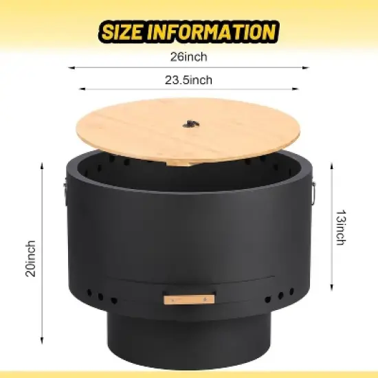 Acekool 26" Smokeless Fire Pit - Portable Wood Burning Fireplace with Removable Ash Pan & Hardwood Lid for Backyard, Camping (Black) image {1}
