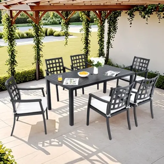 DOMETOUR Modern Classic 7-Piece Outdoor Patio Dining Set, a Rectangular Table and Six Dining Chairs, Cast Aluminum, Rust-Free, Weather-Resistant image {7}