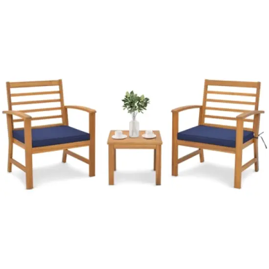 Tangkula 3PCS Furniture Set Acacia Wood Conversation Set w/ Soft Seat Cushions Outdoor image {1}