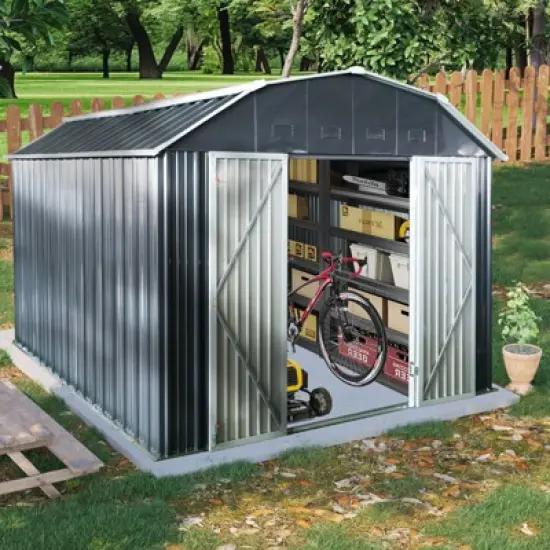 10 ft x 12 ft Outdoor Metal Storage Shed with Arch Roof with Lockable Doors for Backyard Garden Patio Lawn, Black image {7}
