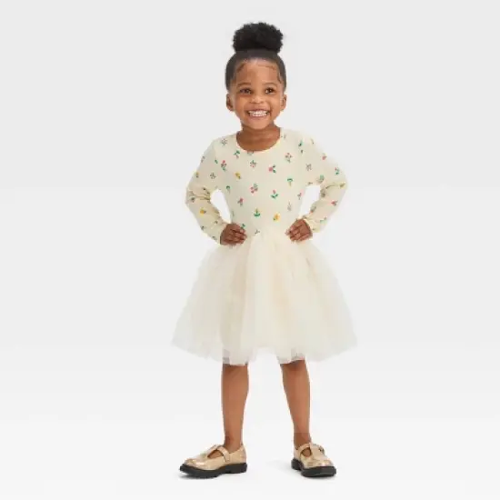 Toddler Girls' Floral Long Sleeve Knit Tulle Dress - Cat & Jack&trade; Off-White image {3}