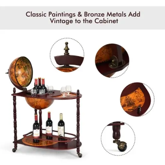 Costway Wood Globe Wine Bar Stand 34'' H 16th Century Italian Rack Liquor Bottle Shelf image {5}