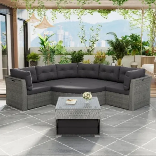 Patio Seating Set with Cushions and Glass Coffee Table, Outdoor Patio Sectional Sofa Set for Backyard, Garden, Deck or Lounge Area-Maison Boucle image {7}