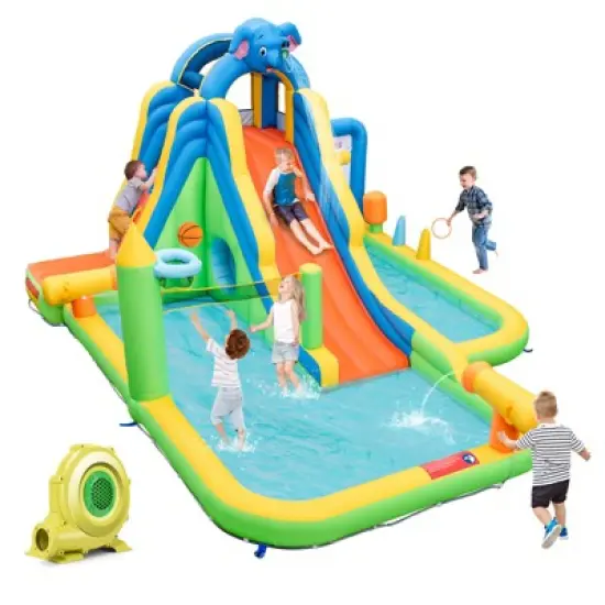 Tangkula Inflatable Water Slide 9-in-1 Blow-up Water Park for Kids with Splash Pool Climbing Wall Water Guns Basketball Toss with 735W Blower image {10}