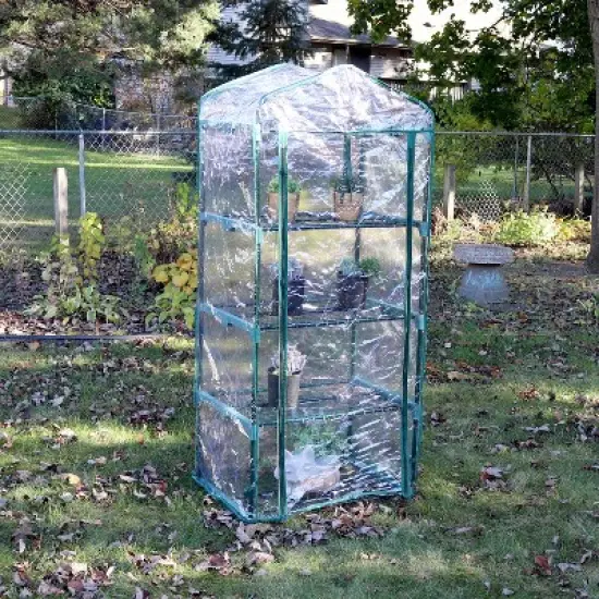 Sunnydaze Outdoor Portable Growing Rack 4-Tier Greenhouse with Roll-Up Door - 4 Shelves - Clear image {7}