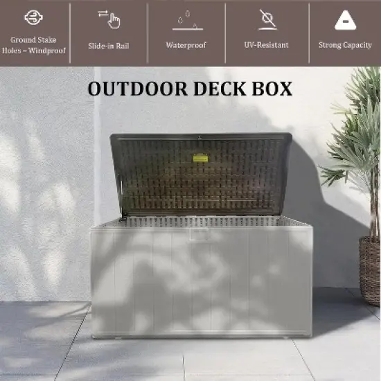 110Gallon lockable waterproof and UV resistant outdoor storage box, used for storing outdoor garden tools and swimming pool accessories, White image {3}
