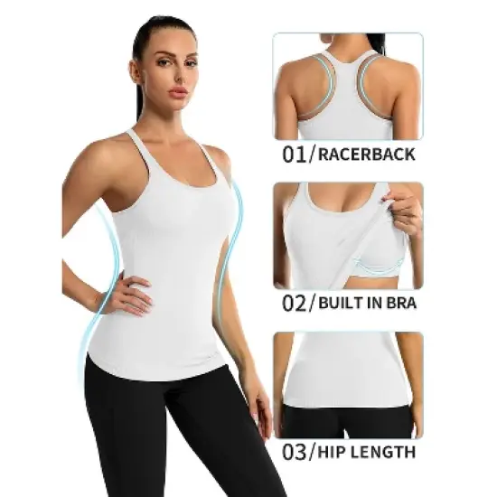 Attraco Women's Ribbed Workout Tank Tops with Built in Bra Tight Racerback Scoop Neck Athletic Top image {5}