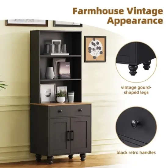 63.00"Farmhouse Storage Cabinet with 4 Solid Wood Gourd-Shaped Legs, Modern Kitchen Pantry Cabinet with Adjustable Shelves, Black image {3}