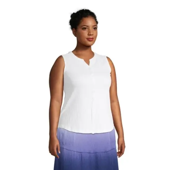 Lands' End Women's Plus Size Crinkle Knit Button Front Tank - 3X - White image {2}