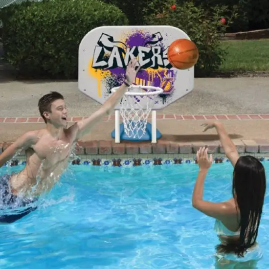Poolmaster Graffiti Collection NBA LA Lakers Rebounder Poolside Hoop Set Durable All-Weather Base image {1}