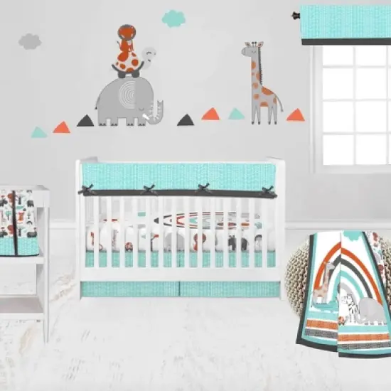 Bacati - Jungle Safari Aqua Orange Gray 6 pc Cotton Crib Bedding Set with Long Rail Guard Cover image {3}