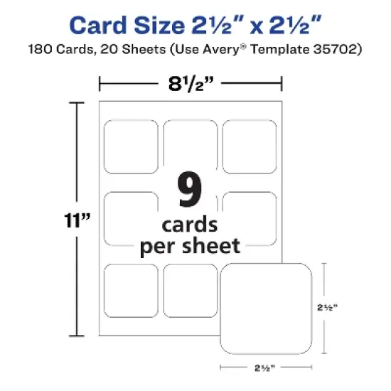 Avery Clean Edge Printable Square Cards with Sure Feed Technology, Rounded Corners, 2.5" x 2.5", White, 180 Blank Cards for Inkjet Printers (35702) image {7}
