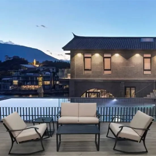 5pc Metal Rectangular Outdoor Bistro Set with Cushions - Black/Beige - GODEER image {1}