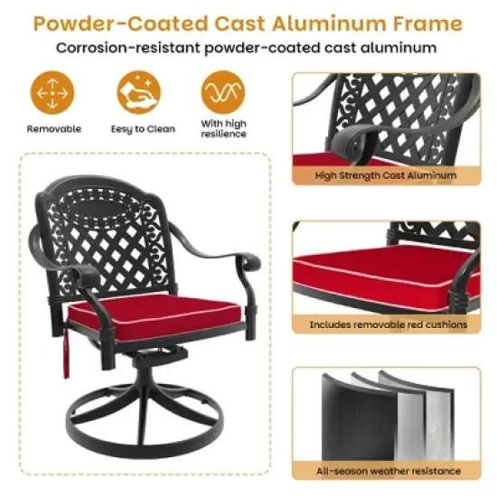 5-Piece Outdoor Dining Set, Cast Aluminum Rectangle Table with Swivel Chairs, Red Cushions, Umbrella Hole image {10}