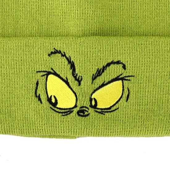 The Grinch Face Green Embroidered Cuffed knitted Beanie for Christmas image {1}