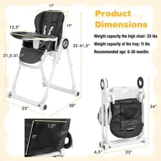Infans Baby High Chair Foldable Feeding Chair w/ 4 Lockable Wheels image {6}