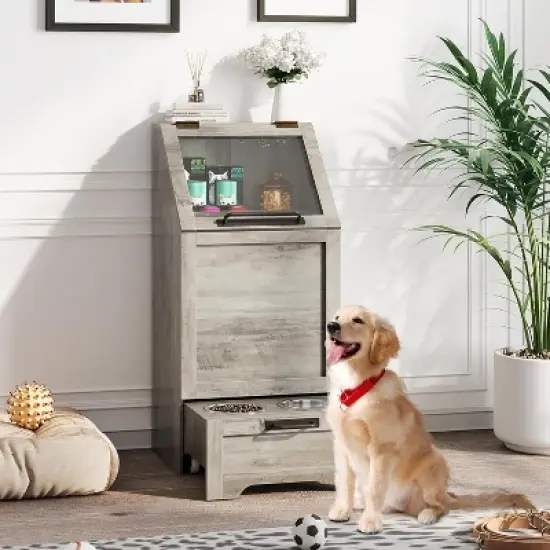 Flip Top Dog Food Storage Container, Pet Storage Cabinet with 2 Pull-Out Elevated Dog Bowls and 3 Hooks, Pet Toy Storage Organizer image {9}