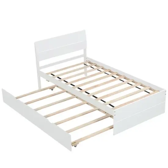 Modern Twin Bed Frame With Twin Trundle, Solid Wood Platform Bed With Headboard, No Box Spring Needed, Wooden Slats Supports, White image {5}