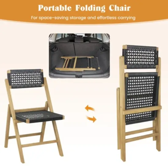 Tangkula 2PCS Folding Chairs w/ Woven Rope Seat & High Back Indonesia Teak Patio image {3}