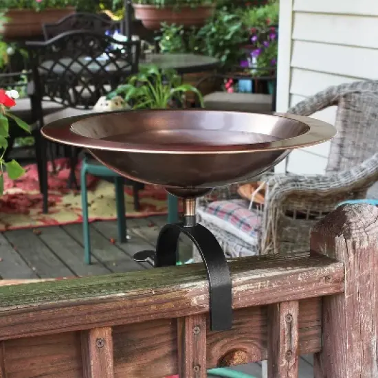 8.5" Classic II Over Rail Birdbath, Antique Copper, Weather-Resistant Wrought Iron Bracket - Achla Designs: No-Drill Clamp, Porch/Balcony Use image {2}