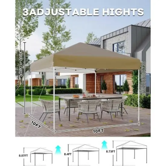 10x10 Pop Up Canopy Tent, Outdoor Canopy Tent with 3 Adjustable Height, 4 Sandbags & Carrying Bag for Camping, Parties,Outdoor Events - Khaki image {3}