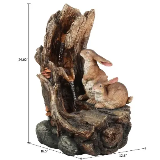 LuxenHome Resin Two Bunnies Tree Stump Outdoor Fountain with LED Lights image {8}