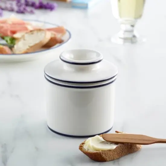 Butter Bell&reg; Crock &ndash; Le Bistro White with Blue Trim Ceramic Butter Keeper, French Caf&eacute;-Style Butter Dish for Fresh, Spreadable Butter image {2}