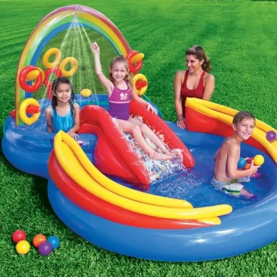 Intex 9.75ft x 6.3ft x 53in Rainbow Slide Kids Play Inflatable Pool Ring Center image {2}