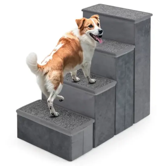 Costway 4-Step Dog Stairs Foldable Pet Stairs w/ Storage Boxes Pet Ramp Climbing Ladder for Small Medium Dogs Cats image {10}