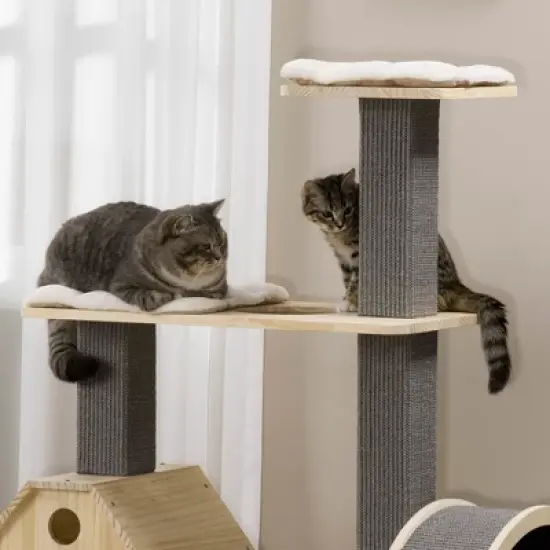 PawHut 53" Modern Cat Tree with Scratching Posts, Small Cat Tree with Double-Layer House, Small Cat Tower for Indoor Cat Furniture, Wooden Cat Tree image {5}