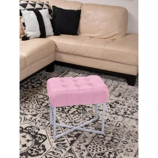 BirdRock Home Rectangular Tufted Pink Foot Stool Ottoman with Silver Legs image {4}