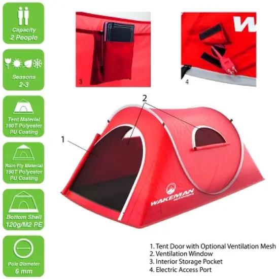 Pop-up Tent - 2 Person Water-Resistant Barrel Style Tent for Camping With Rain Fly and Carry Bag - Starchaser 2-person Tent by Wakeman Outdoors (Red) image {2}