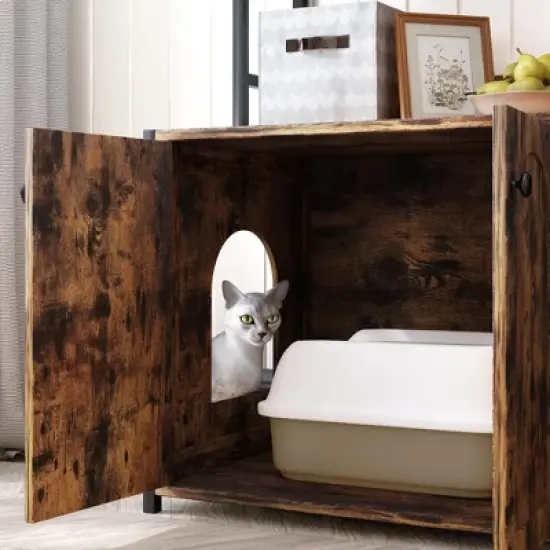 GustoWave Litter Box Enclosure Furniture with 3-Layer Storage Shelves,Indoor Hidden Cat Washroom for 25in Diameter Litter Box, Brown image {5}