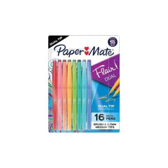Paper Mate Flair! DUAL Calligraphy Pens Brush/Medium Tips Assorted Colors 16/Pack (2181607) image {9}