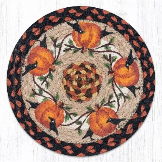 Earth Rugs Pumpkin Crow Printed Round Trivet &ndash; 10"x10" Braided Jute Autumn Hot Pad with Primitive Folk Art Harvest Design image {3}