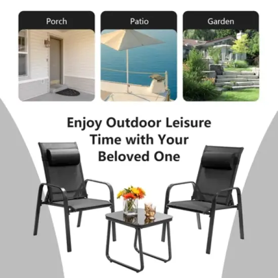 Tangkula 3PCS Patio Adjustable Back Stackable Chairs Side Table Set Bistro Set Classic Furniture Chair Set for Garden Black/Brown/Grey image {5}
