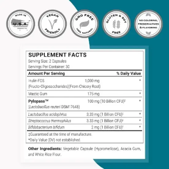 SuperSmart H. Pylori Advanced Formula (Mastic Gum, Probiotics & Prebiotic) - Complete Action Non-GMO & Gluten Free - 60 Vegetarian Capsules image {2}