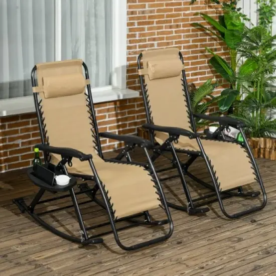 TIRAMISUBEST 2-Pack Zero Gravity Rocking Chairs, Foldable Outdoor Lounge Recliners with Pillow, Cup Holder & Phone Pocket, Beige image {9}