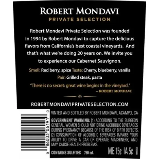 Robert Mondavi Private Selection Cabernet Sauvignon Red Wine - 750ml Bottle image {12}